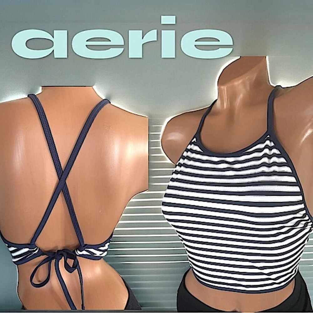 aerie Swimwear l Navy Blue/White Bathing Suit Top l Criss Cross Back l XL l EUC